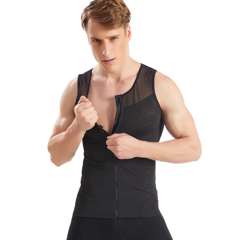 Hanerdun- Mens Slimming Body Shaper Shirt With Zipper Abs Abdomen Slim,Black,Medium - Image 2